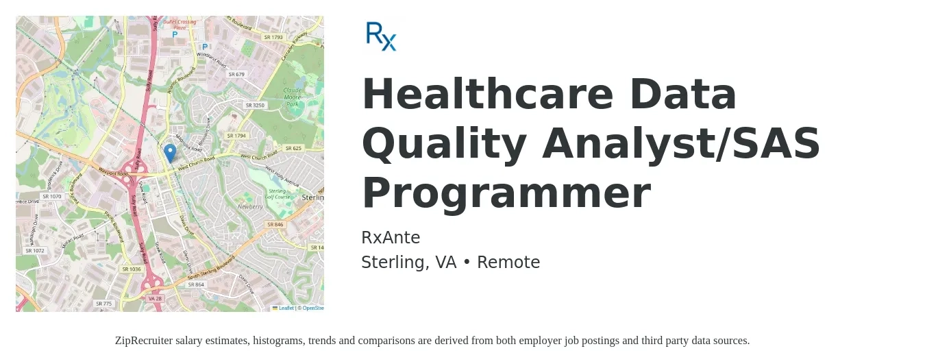 RxAnte job posting for a Healthcare Data Quality Analyst/SAS Programmer in Sterling, VA with a salary of $43 to $64 Hourly with a map of Sterling location.