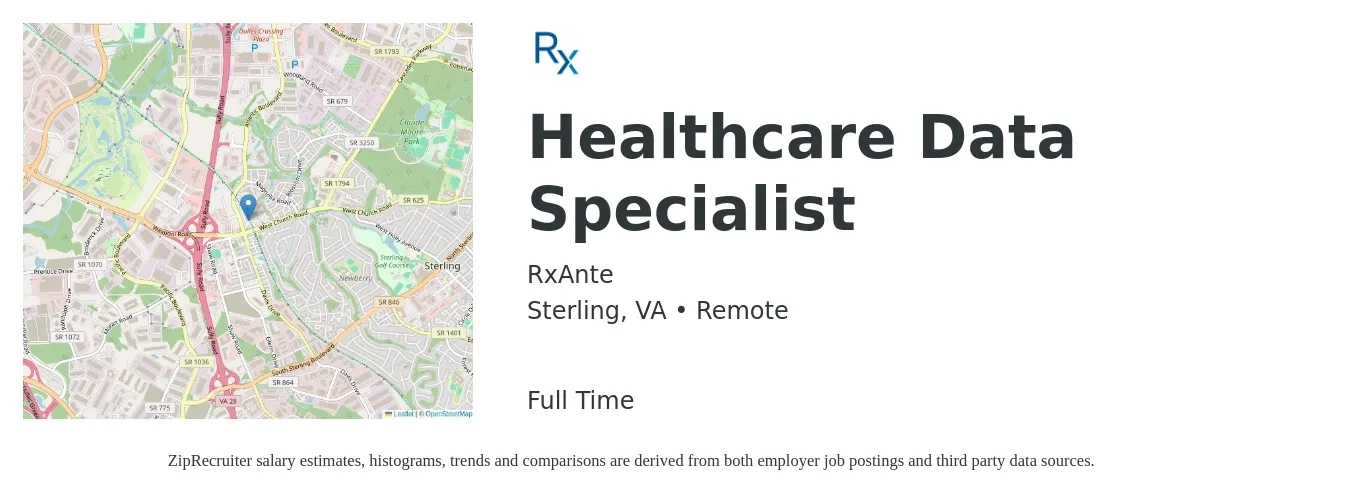 RxAnte job posting for a Healthcare Data Specialist in Sterling, VA with a salary of $58,900 to $95,600 Yearly with a map of Sterling location.