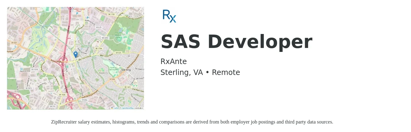 RxAnte job posting for a SAS Developer in Sterling, VA with a salary of $52 to $62 Hourly with a map of Sterling location.