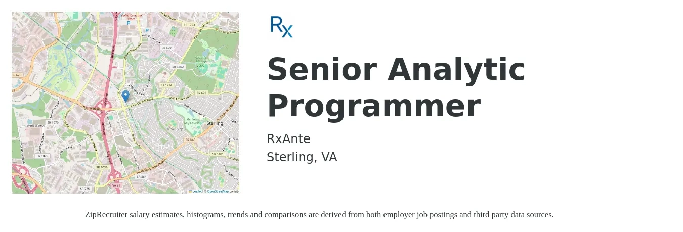 RxAnte job posting for a Senior Analytic Programmer in Sterling, VA with a salary of $45 to $64 Hourly with a map of Sterling location.