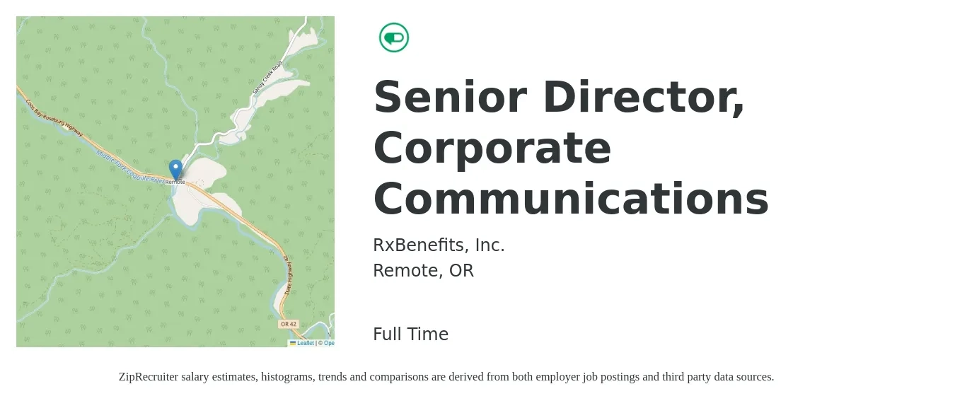 RxBenefits, Inc. job posting for a Senior Director, Corporate Communications in Remote, OR with a salary of $94,900 to $204,300 Yearly with a map of Remote location.