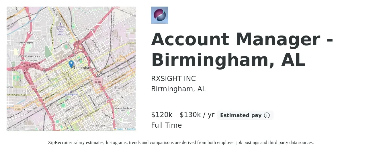 RXSIGHT INC job posting for a Account Manager - Birmingham, AL in Birmingham, AL with a salary of $120,000 to $130,000 Yearly with a map of Birmingham location.