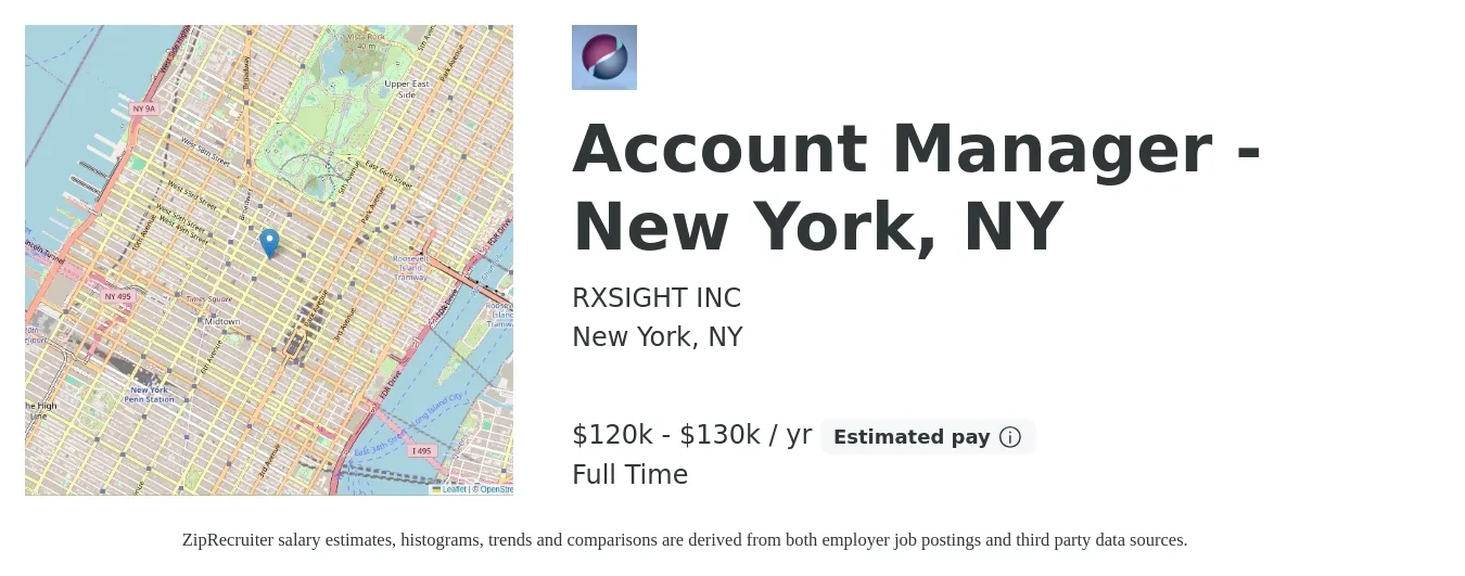 RXSIGHT INC job posting for a Account Manager - New York, NY in New York, NY with a salary of $120,000 to $130,000 Yearly with a map of New York location.