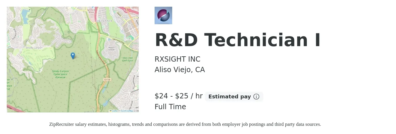 RXSIGHT INC job posting for a R&D Technician I in Aliso Viejo, CA with a salary of $25 to $27 Hourly with a map of Aliso Viejo location.