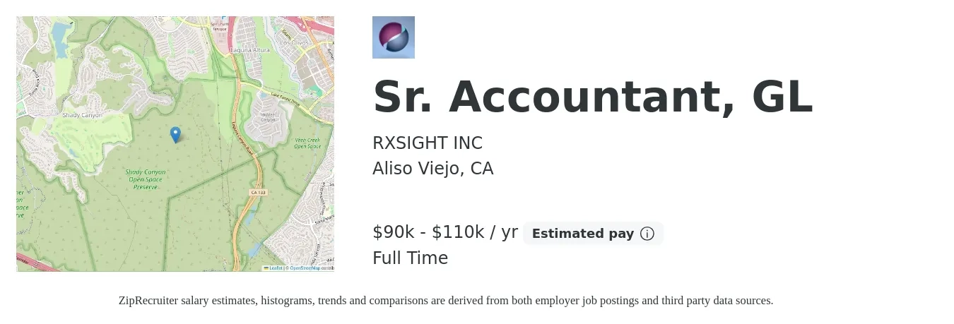 RXSIGHT INC job posting for a Sr. Accountant, GL in Aliso Viejo, CA with a salary of $90,000 to $110,000 Yearly with a map of Aliso Viejo location.