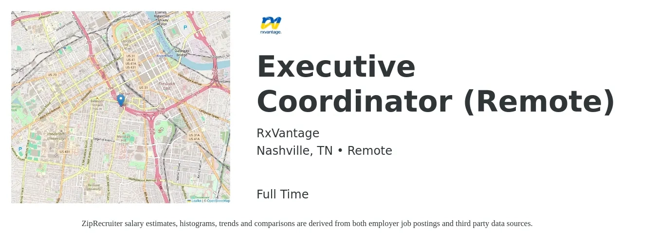 RxVantage job posting for a Executive Coordinator (Remote) in Nashville, TN with a salary of $26 to $36 Hourly with a map of Nashville location.