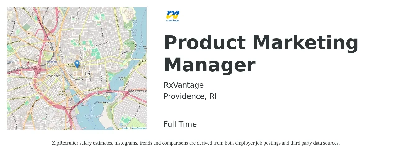 RxVantage job posting for a Product Marketing Manager in Providence, RI with a salary of $5,000 Weekly with a map of Providence location.