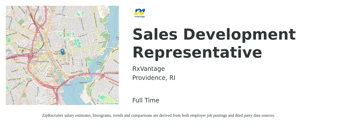 RxVantage job posting for a Sales Development Representative in Providence, RI with a salary of $5,000 Weekly with a map of Providence location.