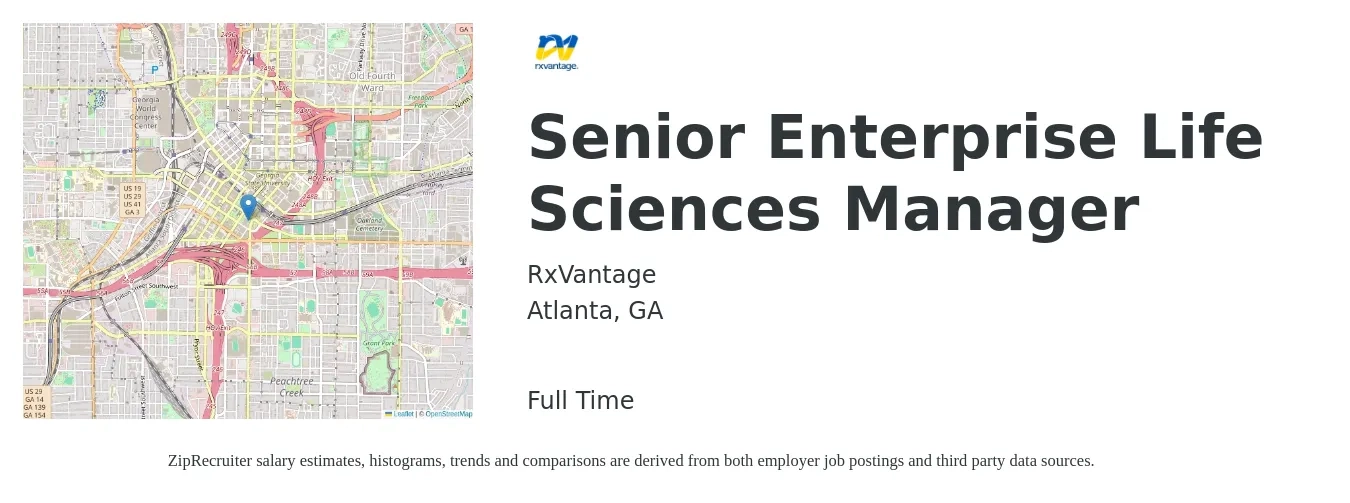 RxVantage job posting for a Senior Enterprise Life Sciences Manager in Atlanta, GA with a salary of $5,000 Weekly with a map of Atlanta location.