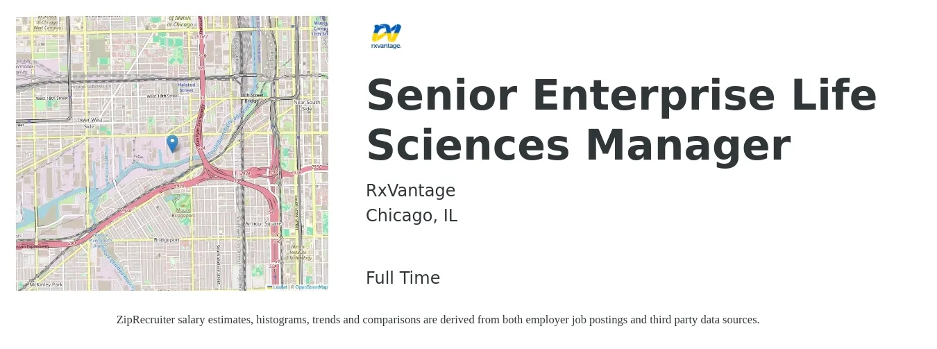 RxVantage job posting for a Senior Enterprise Life Sciences Manager in Chicago, IL with a salary of $5,000 Weekly with a map of Chicago location.