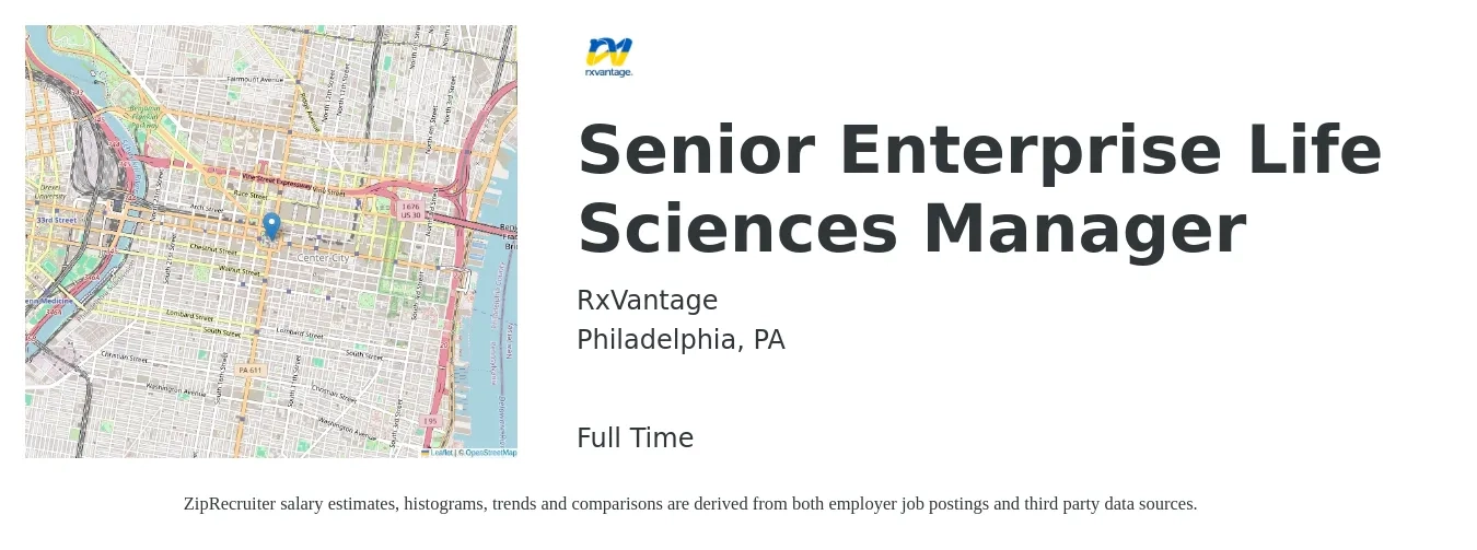 RxVantage job posting for a Senior Enterprise Life Sciences Manager in Philadelphia, PA with a salary of $5,000 Weekly with a map of Philadelphia location.