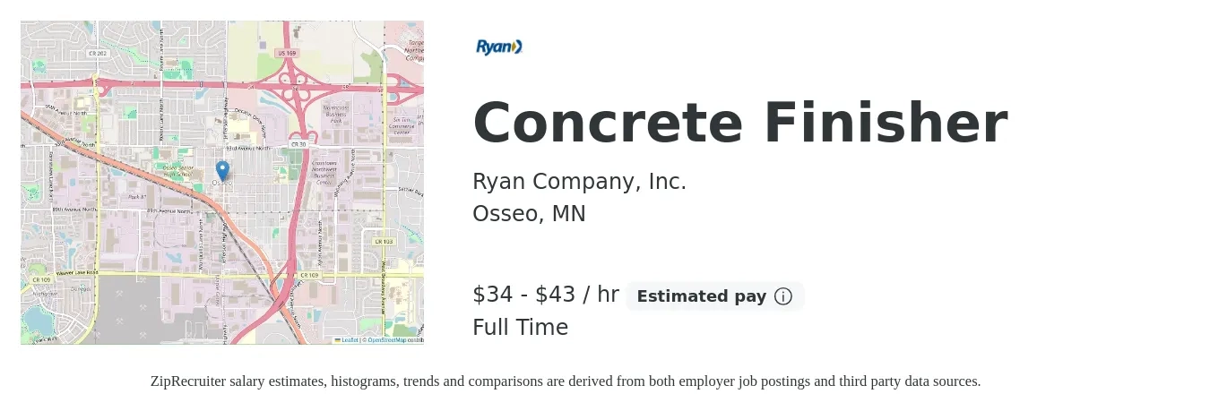Ryan Company, Inc. job posting for a Concrete Finisher in Osseo, MN with a salary of $36 to $45 Hourly with a map of Osseo location.