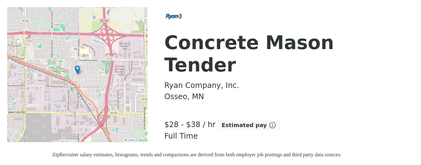 Ryan Company, Inc. job posting for a Concrete Mason Tender in Osseo, MN with a salary of $30 to $40 Hourly with a map of Osseo location.