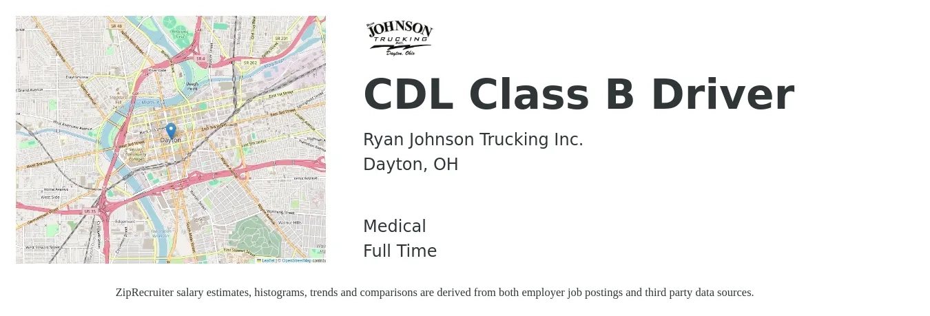 Ryan Johnson Trucking Inc. job posting for a CDL Class B Driver in Dayton, OH with a salary of $20 to $26 Hourly and benefits including medical, pto, and retirement with a map of Dayton location.