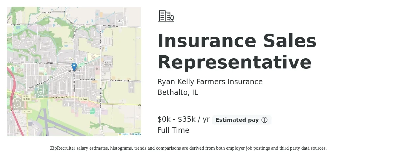 Ryan Kelly Farmers Insurance job posting for a Insurance Sales Representative in Bethalto, IL with a salary of $20 to $35,000 Yearly with a map of Bethalto location.