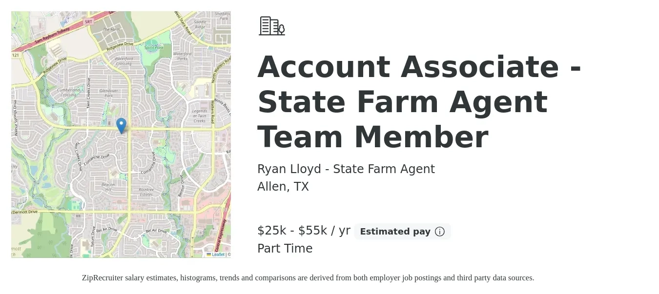 Ryan Lloyd - State Farm Agent job posting for a Account Associate - State Farm Agent Team Member in Allen, TX with a salary of $25,000 to $55,000 Yearly with a map of Allen location.