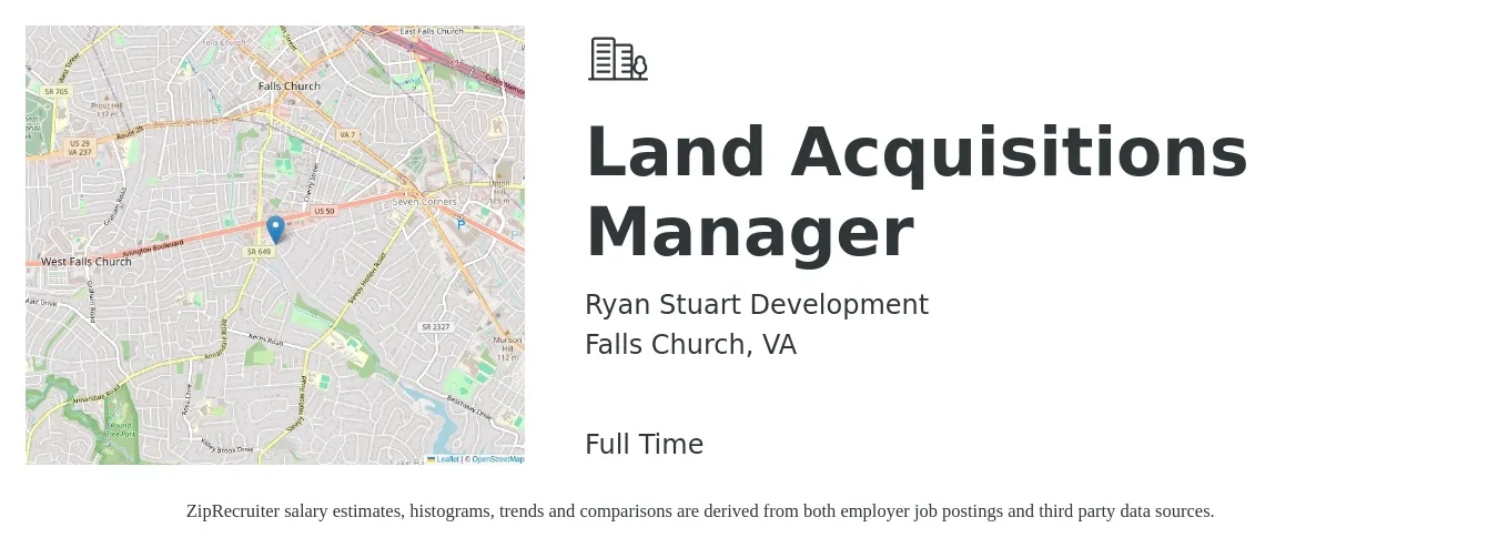 Ryan Stuart Development job posting for a Land Acquisitions Manager in Falls Church, VA with a salary of $83,200 to $159,000 Yearly with a map of Falls Church location.