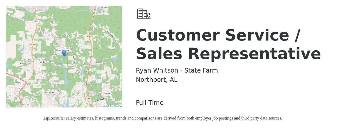 Ryan Whitson - State Farm job posting for a Customer Service / Sales Representative in Northport, AL with a salary of $17 to $26 Hourly with a map of Northport location.