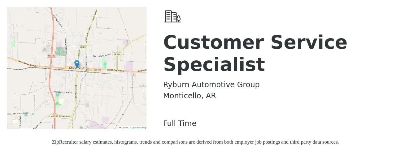 Ryburn Automotive Group job posting for a Customer Service Specialist in Monticello, AR with a salary of $16 to $20 Hourly with a map of Monticello location.