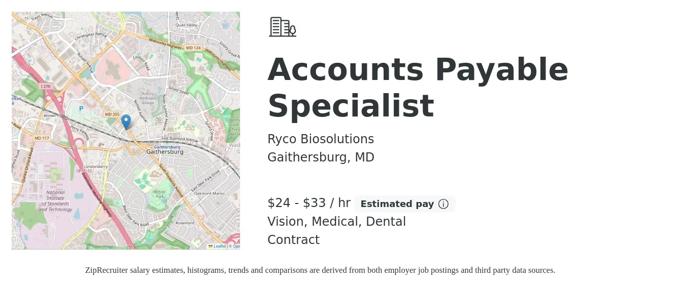 Ryco Biosolutions job posting for a Accounts Payable Specialist in Gaithersburg, MD with a salary of $25 to $35 Hourly and benefits including dental, life_insurance, medical, pto, retirement, and vision with a map of Gaithersburg location.