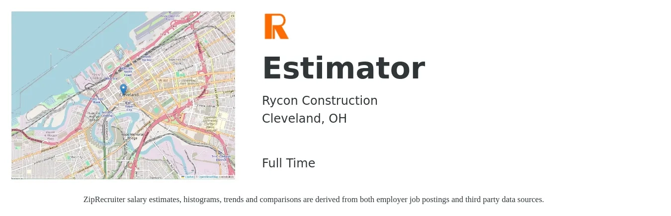 Rycon Construction job posting for a Estimator in Cleveland, OH with a salary of $60,000 to $95,800 Yearly with a map of Cleveland location.