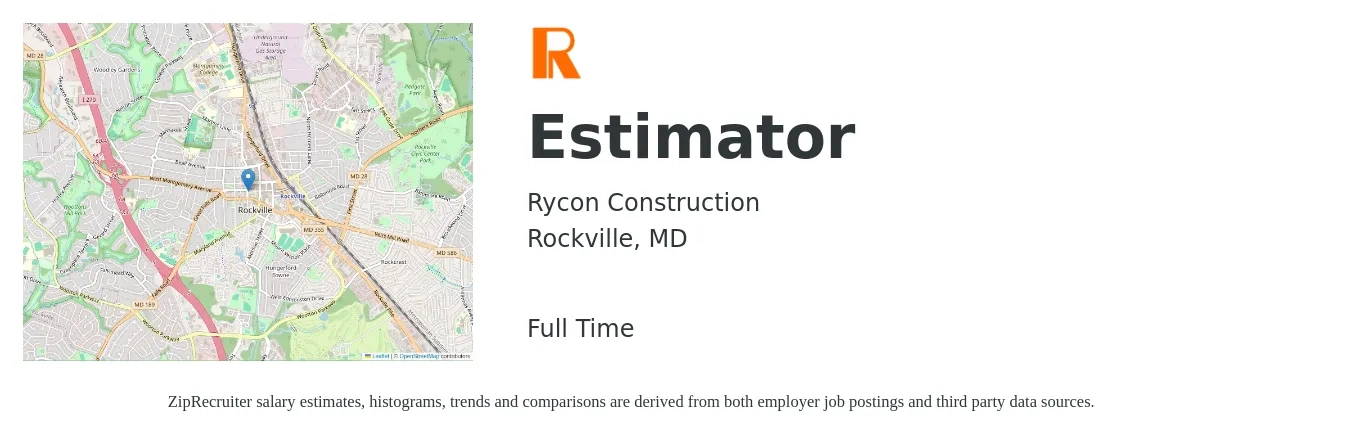 Rycon Construction job posting for a Estimator in Rockville, MD with a salary of $63,200 to $100,900 Yearly with a map of Rockville location.