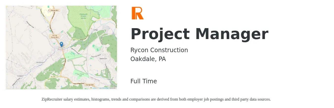 Rycon Construction job posting for a Project Manager in Oakdale, PA with a salary of $76,600 to $120,100 Yearly with a map of Oakdale location.