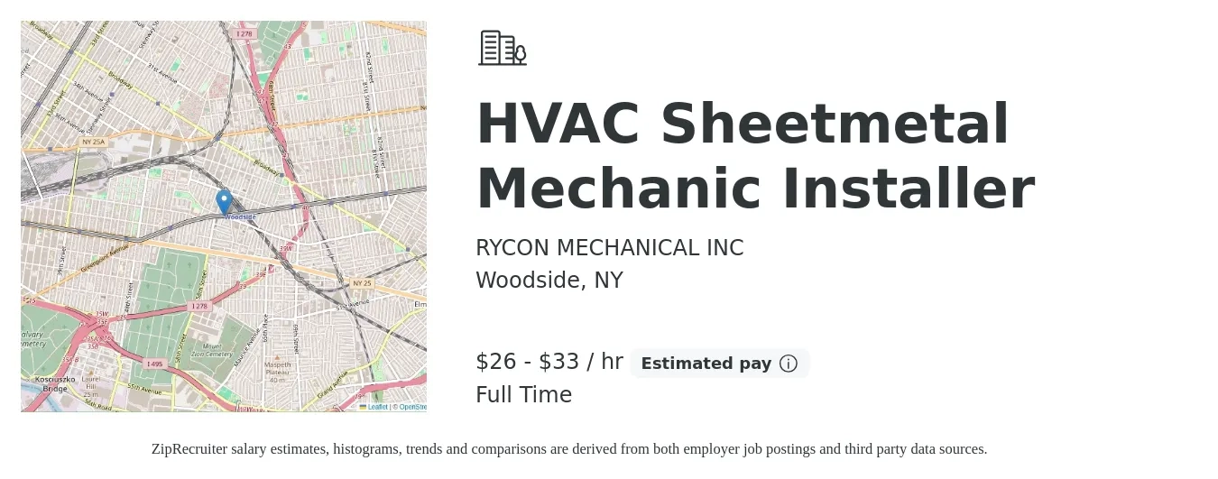 RYCON MECHANICAL INC job posting for a HVAC Sheetmetal Mechanic Installer in Woodside, NY with a salary of $28 to $35 Hourly with a map of Woodside location.