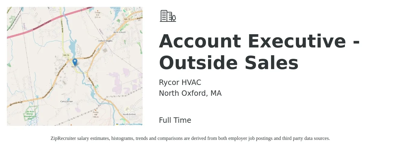 Rycor HVAC job posting for a Account Executive - Outside Sales in North Oxford, MA with a salary of $41 to $60 Hourly with a map of North Oxford location.
