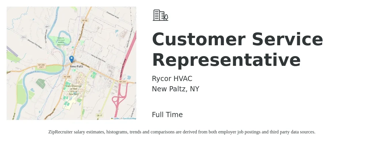 Rycor HVAC job posting for a Customer Service Representative in New Paltz, NY with a salary of $18 to $25 Hourly with a map of New Paltz location.