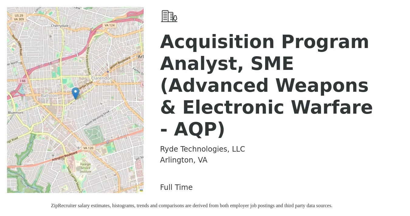 Ryde Technologies, LLC job posting for a Acquisition Program Analyst, SME (Advanced Weapons & Electronic Warfare - AQP) in Arlington, VA with a salary of $79,500 to $133,700 Yearly with a map of Arlington location.