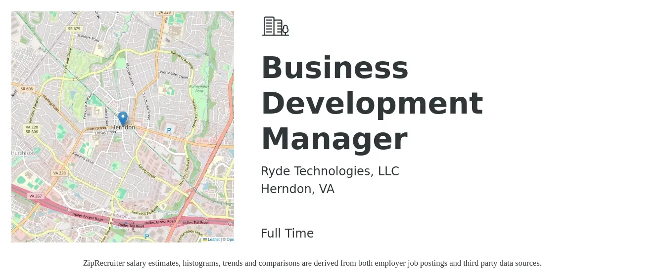 Ryde Technologies, LLC job posting for a Business Development Manager in Herndon, VA with a salary of $62,700 to $102,700 Yearly with a map of Herndon location.