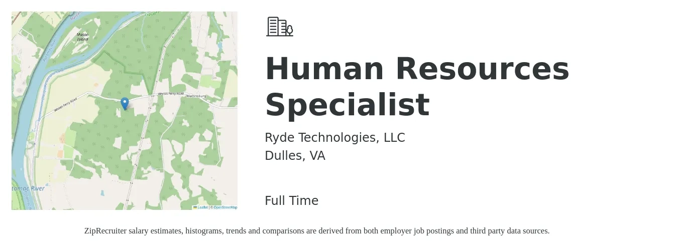 Ryde Technologies, LLC job posting for a Human Resources Specialist in Dulles, VA with a salary of $47,100 to $98,800 Yearly with a map of Dulles location.