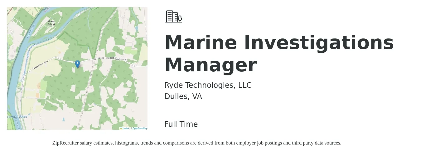 Ryde Technologies, LLC job posting for a Marine Investigations Manager in Dulles, VA with a salary of $72,200 to $91,300 Yearly with a map of Dulles location.