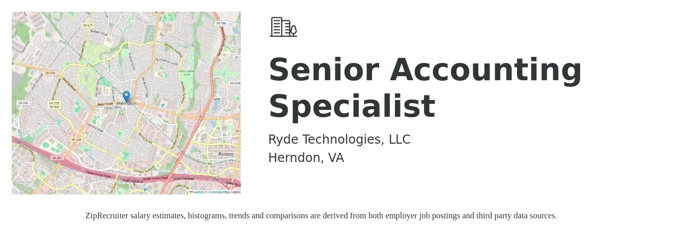 Ryde Technologies, LLC job posting for a Senior Accounting Specialist in Herndon, VA with a salary of $51,400 to $80,100 Yearly with a map of Herndon location.