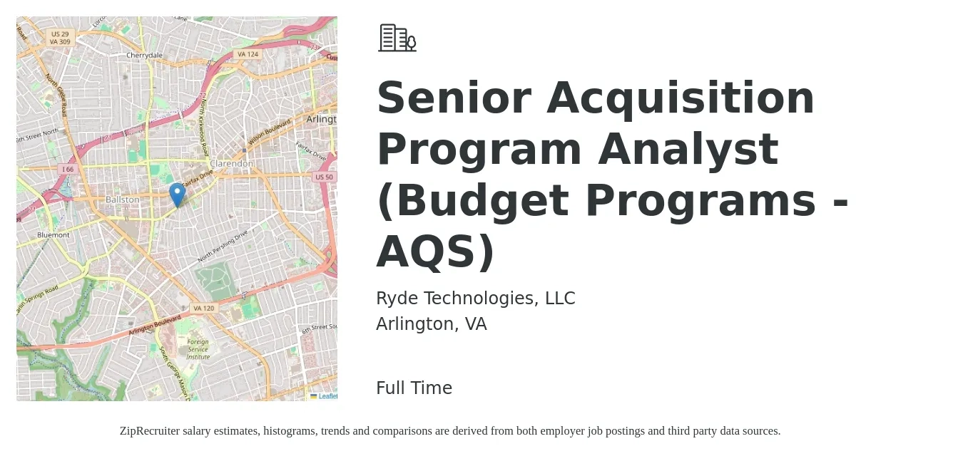 Ryde Technologies, LLC job posting for a Senior Acquisition Program Analyst (Budget Programs - AQS) in Arlington, VA with a salary of $133,700 to $134,200 Yearly with a map of Arlington location.