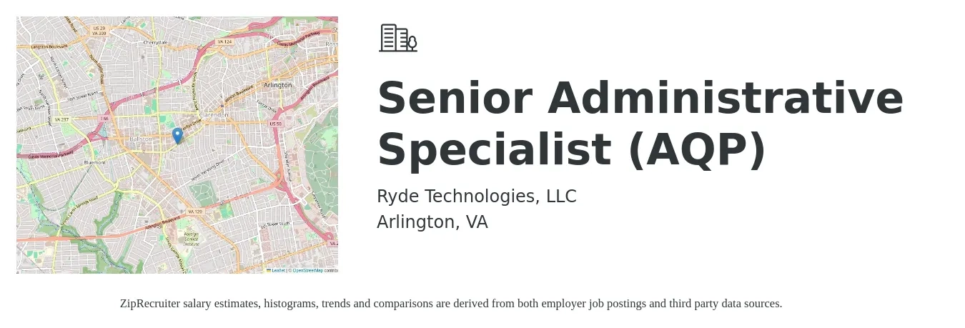 Ryde Technologies, LLC job posting for a Senior Administrative Specialist (AQP) in Arlington, VA with a salary of $26 to $38 Hourly with a map of Arlington location.