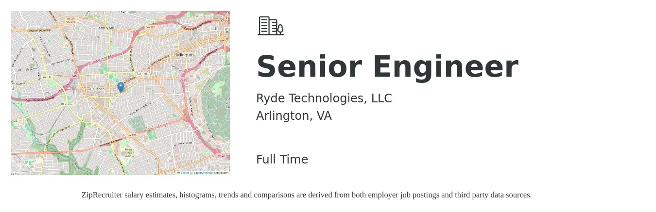 Ryde Technologies, LLC job posting for a Senior Engineer in Arlington, VA with a salary of $120,400 to $165,400 Yearly with a map of Arlington location.