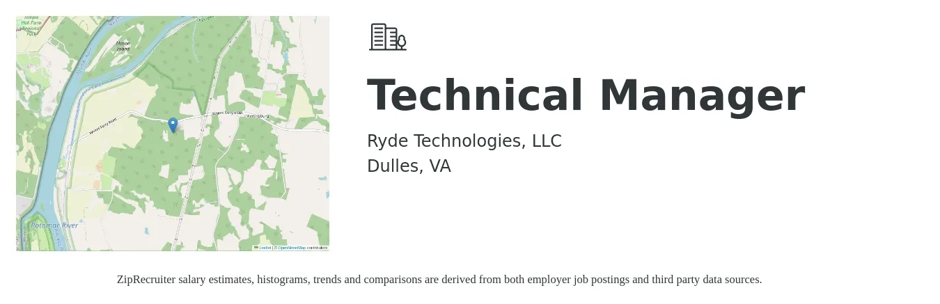 Ryde Technologies, LLC job posting for a Technical Manager in Dulles, VA with a salary of $116,800 to $181,500 Yearly with a map of Dulles location.