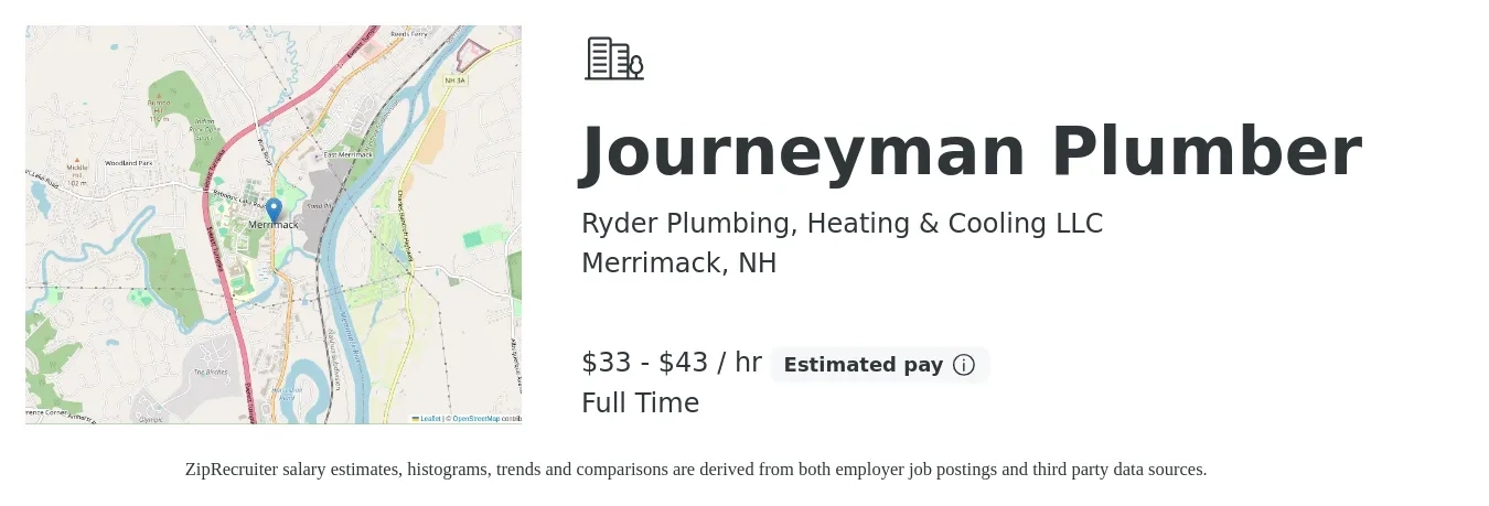 Ryder Plumbing, Heating & Cooling LLC job posting for a Journeyman Plumber in Merrimack, NH with a salary of $35 to $45 Hourly with a map of Merrimack location.
