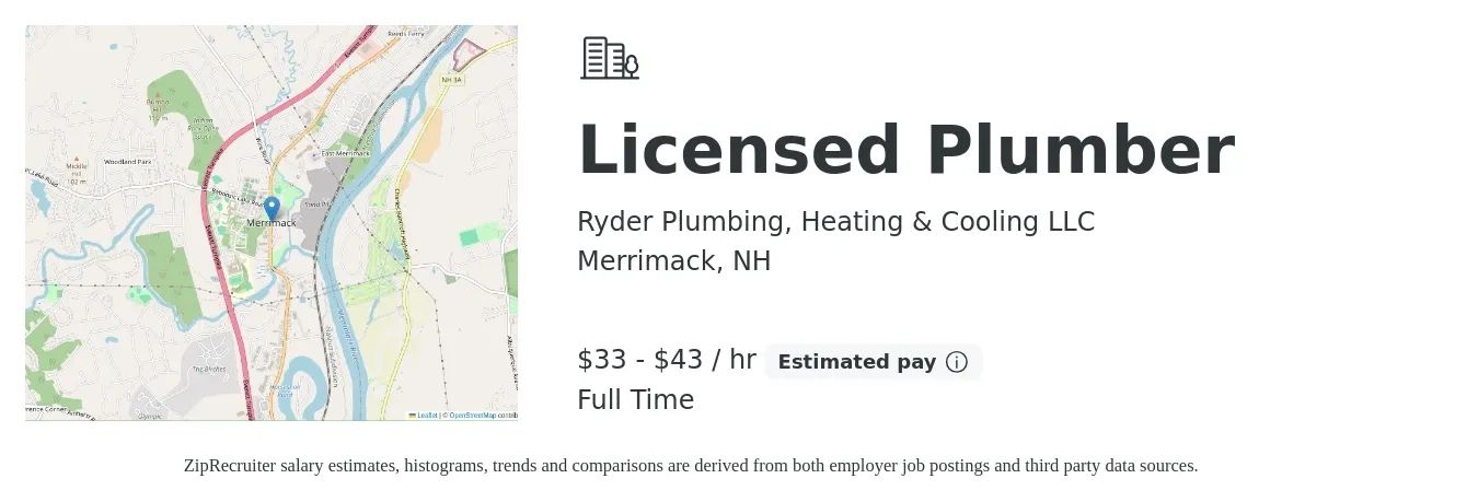 Ryder Plumbing, Heating & Cooling LLC job posting for a Licensed Plumber in Merrimack, NH with a salary of $35 to $45 Hourly with a map of Merrimack location.