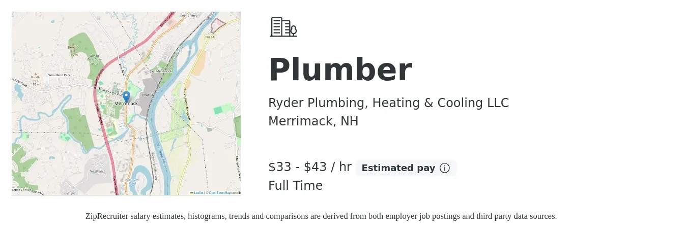 Ryder Plumbing, Heating & Cooling LLC job posting for a Plumber in Merrimack, NH with a salary of $35 to $45 Hourly with a map of Merrimack location.
