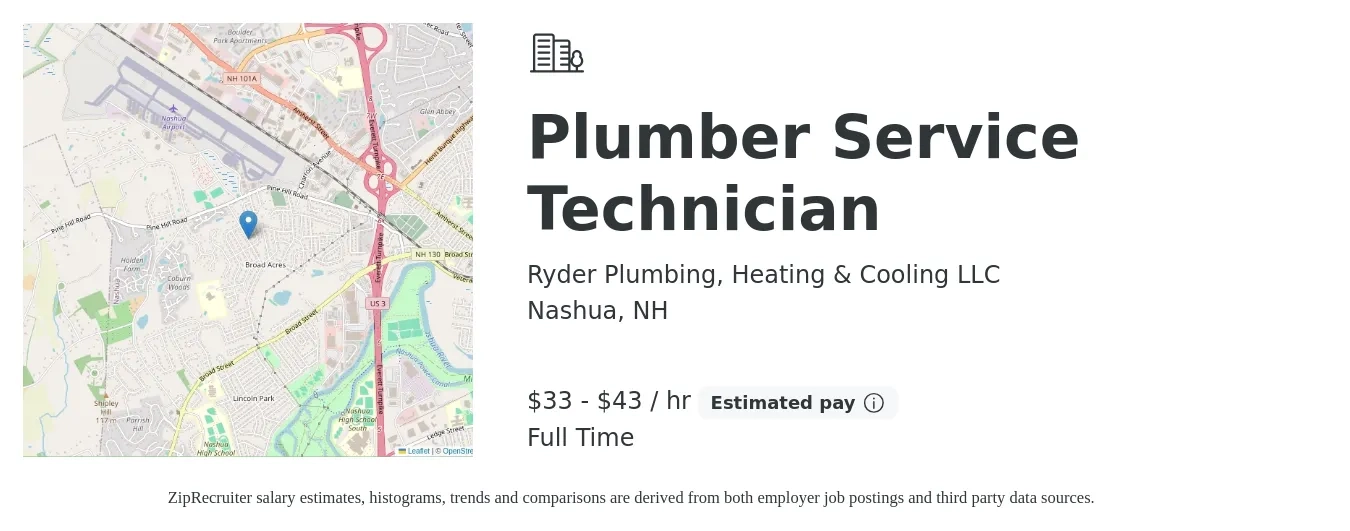 Ryder Plumbing, Heating & Cooling LLC job posting for a Plumber Service Technician in Nashua, NH with a salary of $35 to $45 Hourly with a map of Nashua location.