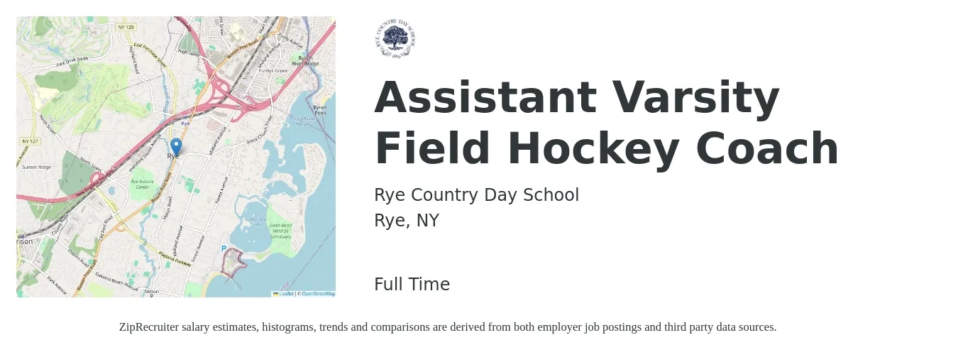 Rye Country Day School job posting for a Assistant Varsity Field Hockey Coach in Rye, NY with a salary of $31,800 to $47,200 Yearly with a map of Rye location.