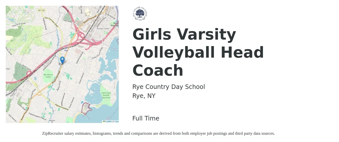 Rye Country Day School job posting for a Girls Varsity Volleyball Head Coach in Rye, NY with a salary of $16 to $32 Hourly with a map of Rye location.