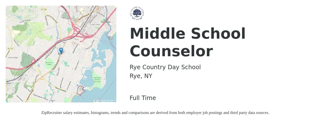 Rye Country Day School job posting for a Middle School Counselor in Rye, NY with a salary of $50,900 to $74,700 Yearly with a map of Rye location.