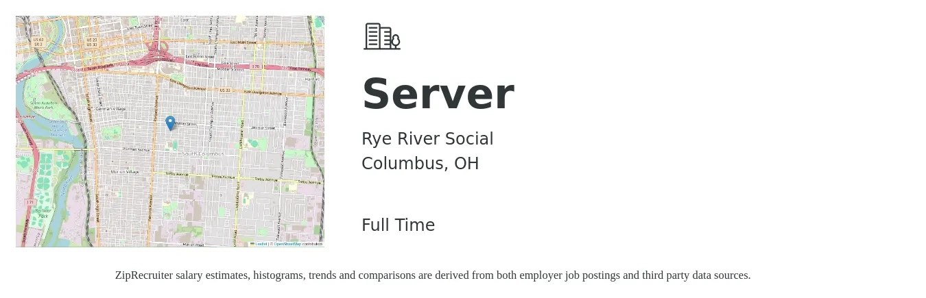 Rye River Social job posting for a Server in Columbus, OH with a salary of $10 to $18 Hourly with a map of Columbus location.