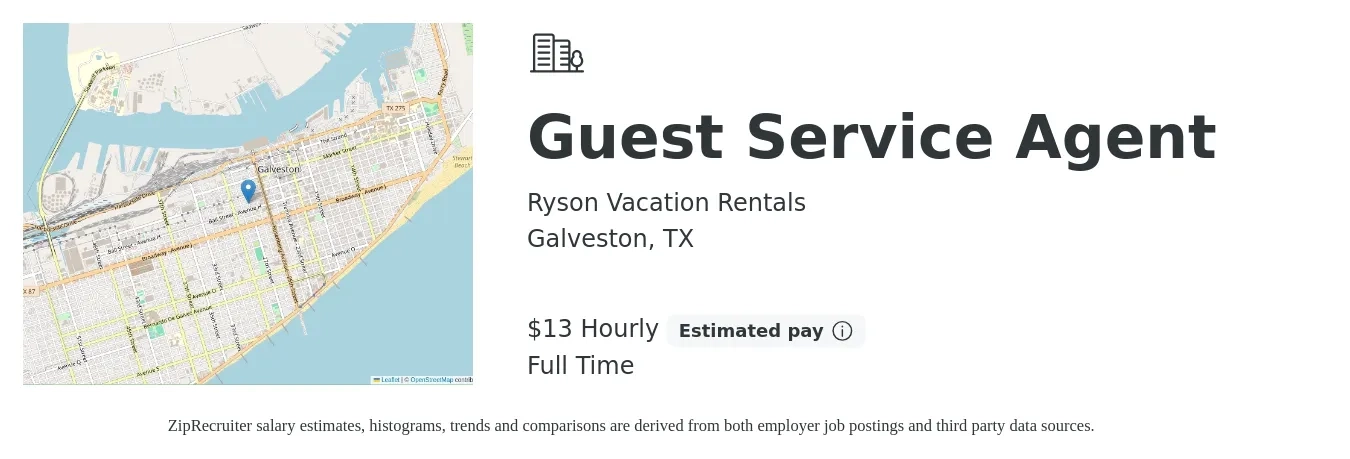 Ryson Vacation Rentals job posting for a Guest Service Agent in Galveston, TX with a salary of $14 Hourly with a map of Galveston location.