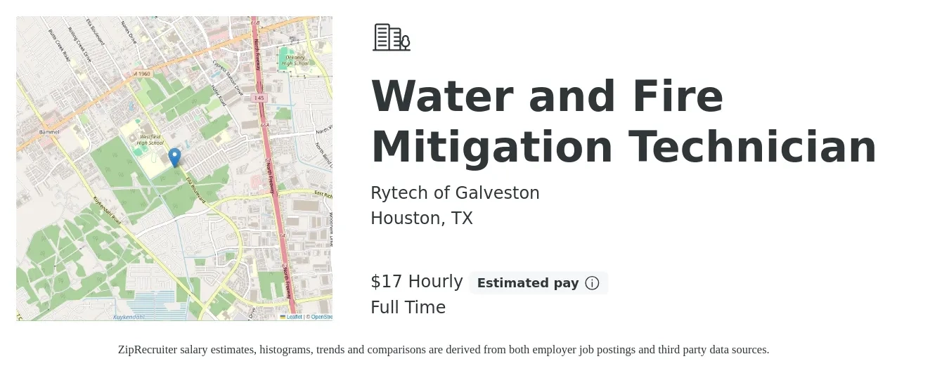Rytech of Galveston job posting for a Water and Fire Mitigation Technician in Houston, TX with a salary of $18 Hourly with a map of Houston location.