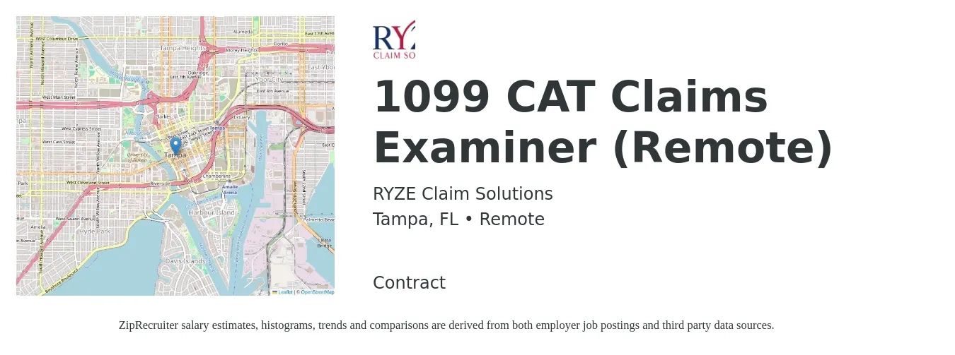 RYZE Claim Solutions job posting for a 1099 CAT Claims Examiner (Remote) in Tampa, FL with a salary of $22 to $34 Hourly with a map of Tampa location.